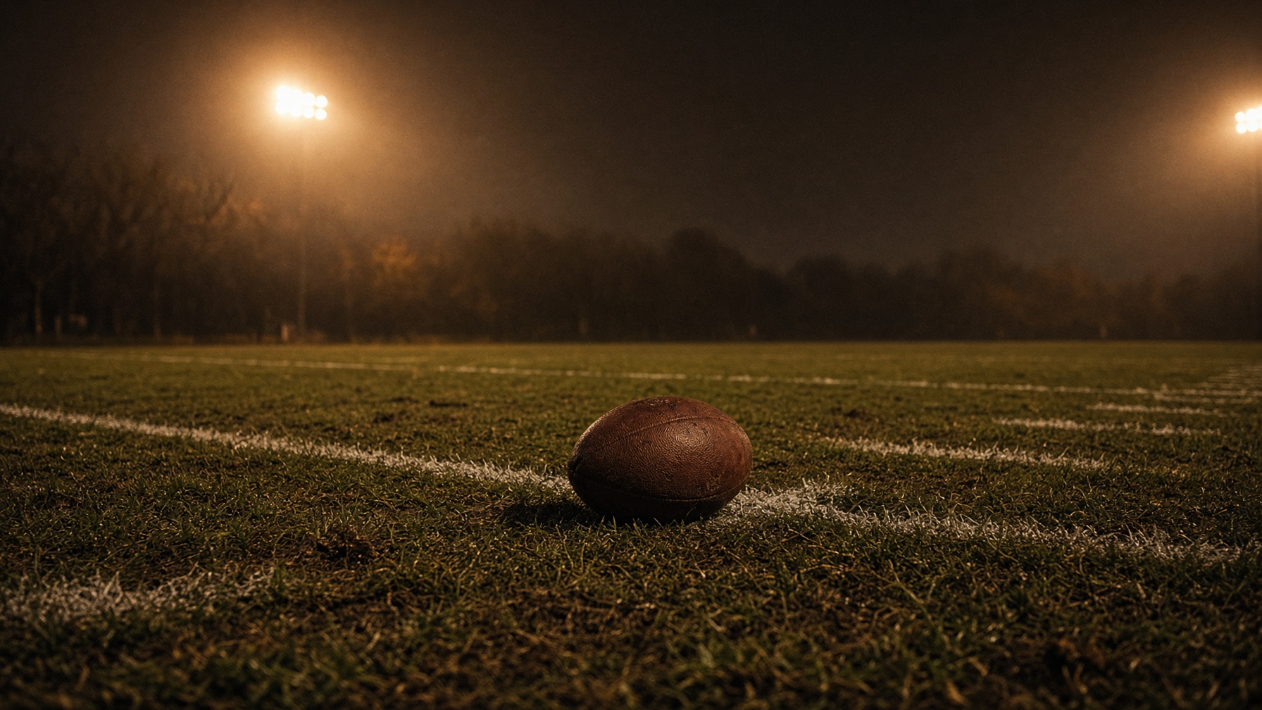 A football resting on an empty field under warm stadium lights