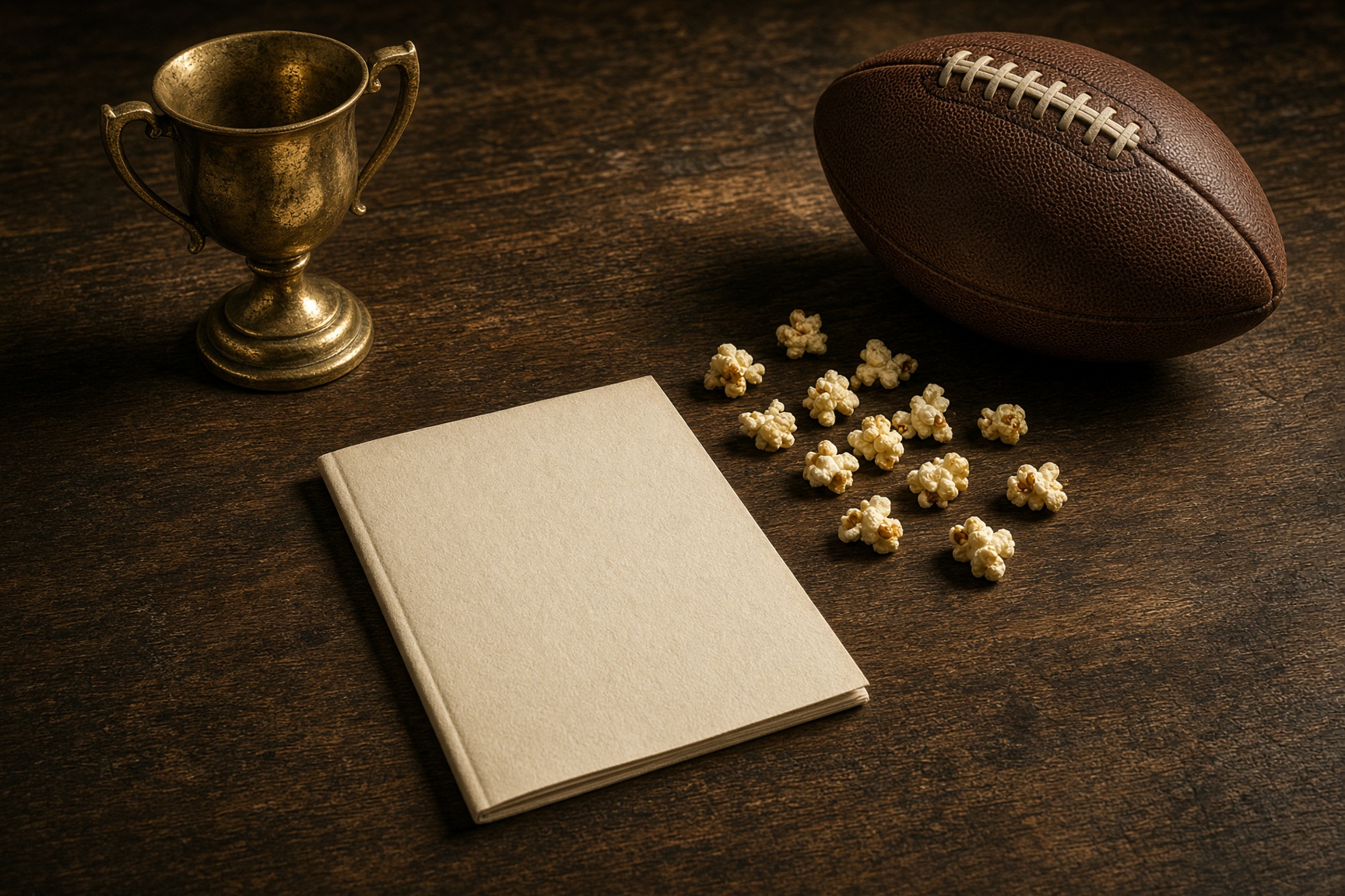 A brass cup, a blank game program, and a football on a dark table